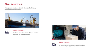 Visual of water transport with a ship image and logistics services represented by a courier handling a parcel in a van.