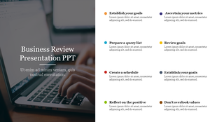 Business review slide with a laptop background on the left and a list of eight goals with colorful bullet icons on the right.
