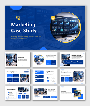 Marketing case study slides with campaign analysis, audience insights, strategy channels, and business growth results.