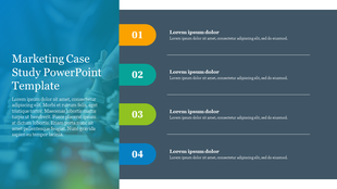 Marketing case study slide with four numbered sections in yellow, teal, green, and blue, and text blocks on a blue backdrop.