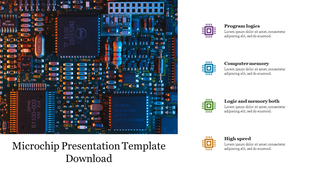 Detailed microchip circuit board in blue and orange gradient, paired with four colored icons with text on the right.