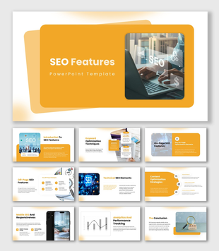 The SEO Features presentation showing keyword research, on-page SEO, analytics charts, and content optimization.