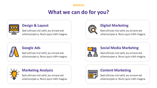 Six service categories shown in a grid layout, each with a colored icon and description, on a white background.