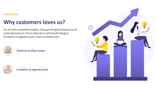 PPT slide on customer services featuring a violet growth arrow, laptop users, and statistics with icons on a white backdrop.