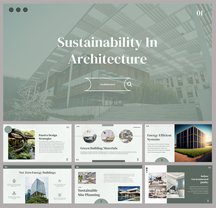 Sustainability in architecture slides with muted green visuals, covering eco friendly building materials and design.