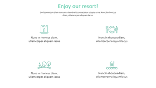 Resort themed layout with green icons representing amenities like dining, pool, nature, and castle attraction.