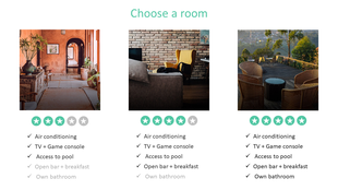 Room selection slide with three images, star ratings below each, and a list of amenities like air conditioning and access.