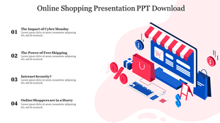Online shopping slide showing concepts like Cyber Monday, free shipping, and internet security with icons and graphics.