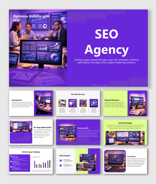 SEO agency presentation covering keyword research, technical optimization, content strategy, and performance tracking.