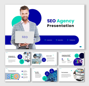 GEt this SEO Agency Presentation cover with professional man, laptop, blue green circles, title text layout.
