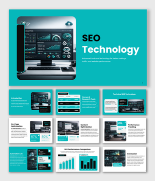 SEO technology presentation featuring analytics tools, keyword research, automation, and performance tracking insights!