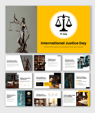 International justice day slide with a statue of lady justice and scales symbol on a bright yellow background.