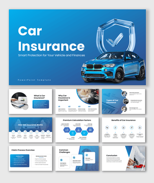 Car Insurance presentation with blue theme, car and shield visuals, icons, charts, and clear layouts for easy understanding.