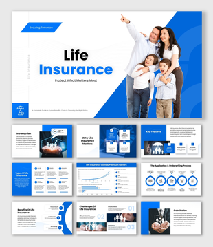Life Insurance slide with family image, charts, icons, blue shapes, and structured text holders.
