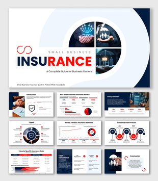Small Business Insurance slide with icons, charts, red blue shapes, circular images, and structured text holders.