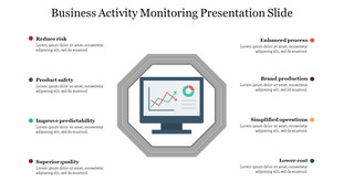Hexagon graphic featuring a central computer monitor displaying a line graph, surrounded by business-related and captions.