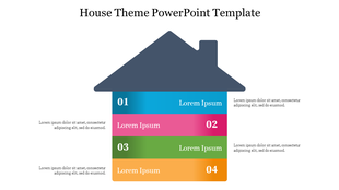Colorful house shaped PowerPoint template with colorful sections labeled 01 to 04, each containing placeholder text.