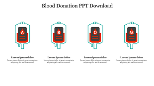 Four blood donation bags in teal outline, each labeled with A, B, O, and AB, with description below.