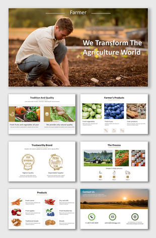 Slide deck featuring agriculture themed layouts, including images of fresh produce, tractors, and fields in vibrant tones.