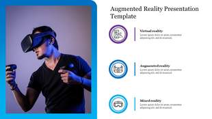 Augmented reality-themed template featuring a photo of a person engaged in VR gaming and three icons with caption areas.
