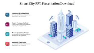 Illustration of a cityscape with tall buildings emerging from a mobile device, with four numbered captions.