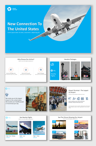 Slide deck view of an airplane new connections, positioned against a blue background with a headline on the left.