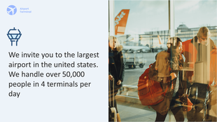 Airline PPT slide featuring a photo of passengers at the airport terminal, with details about handling 50,000 people daily.
