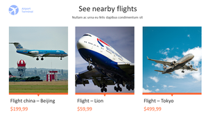 Airline package slide with three flight options Beijing, Lion, and Tokyo, each with different prices and airplane images.