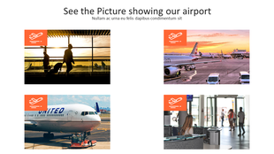 Four airport themed images in a 2x2 grid layout with orange plane icons, showing passengers, aircraft, and check in areas.