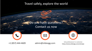 Contact slide with a view of Earth from space, an airplane icon, and contact details with icons from phone to website.