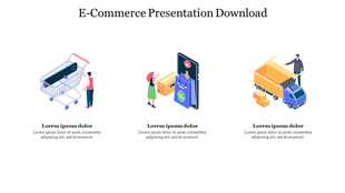 E commerce PowerPoint slide showing illustrations of the shopping cart, online shopping, and delivery with placeholder text.