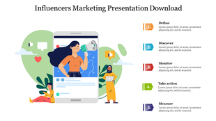 Influencer marketing slide featuring a large smartphone, icons for social media, and steps for influencer marketing success.