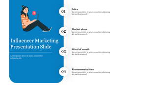 Influencer marketing slide with seated woman on laptop, blue left panel, and four numbered white circles with captions.