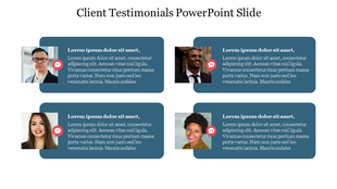 Slide with four client testimonials, each in a blue box, featuring photos and text, with a quote symbol in the corner.