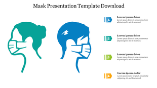 PowerPoint slide featuring two people with face masks, accompanied by four numbered sections for content on the right.
