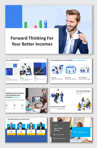 Slide deck overview featuring title slide, workflow, company goals, team intro, creative workspace, and contact slide.