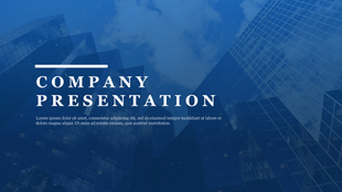 Company presentation slide with a blue background featuring tall buildings and a header with text and placeholder content.