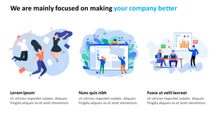 Three illustrations showing teamwork, project planning, and data analysis, with text descriptions below.