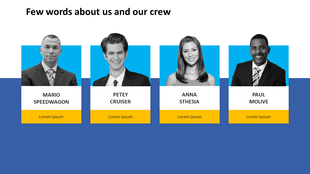 Team slide with four members in rectangular frames, names and placeholder text below, on blue and yellow background panels.