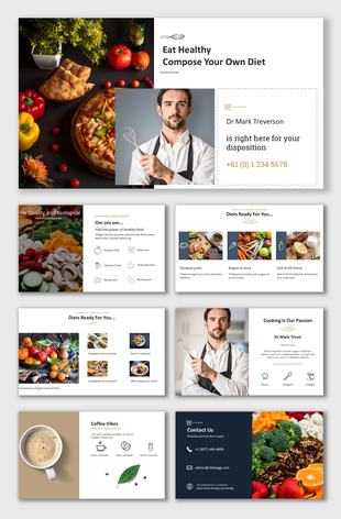 Healthy diet PowerPoint slides with images of fresh food, a chef, and contact information for Dr. Mark Treverson.