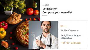 Healthy diet presentation slide featuring fresh vegetables, bread, pizza, and a professional chef with contact information.