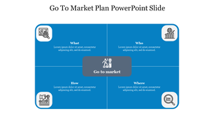 Blue themed slide with four sections in rectangular shapes and a central gray area, featuring white circular icons.