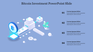 Cryptocurrency slide with a Bitcoin logo, digital cubes, and a launch label, featuring four numbered steps.