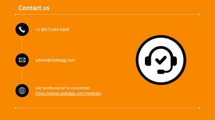 Contact slide with black icons for phone, email, and web on the left, white headset icon on right, and orange background.