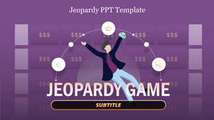 Jeopardy PPT with a purple background, featuring a person celebrating, with clickable dollar amounts and a subtitle section.