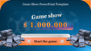 Game show slide with glowing prize, orange start button, and money stacks on both sides over a blue background.
