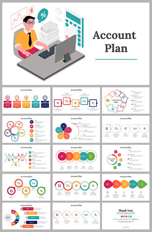 Colorful Account Plan slides collection featuring diagrams, charts, and graphics with different colorful layout designs.