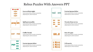 Rebus Puzzles with answers such as Love at first sight, Split personality, Coffee break, and 3-D movie.