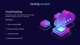 Slide on cloud hosting services detailing server capacity, transfer limits, access level, and resources on a blue backdrop.
