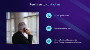 Slide with a person using a phone, and contact details shown with three teal icons, on a purple gradient backdrop.